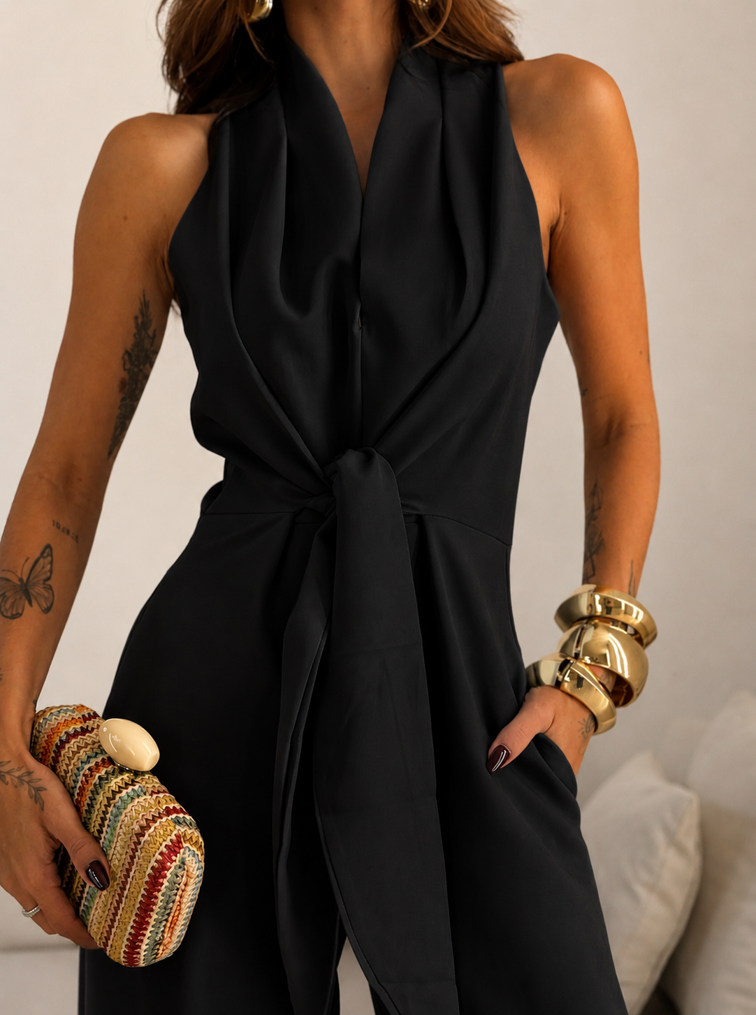 Valentina | Mono Halter con lazo frontal y corte de Pierna Ancha palazzo