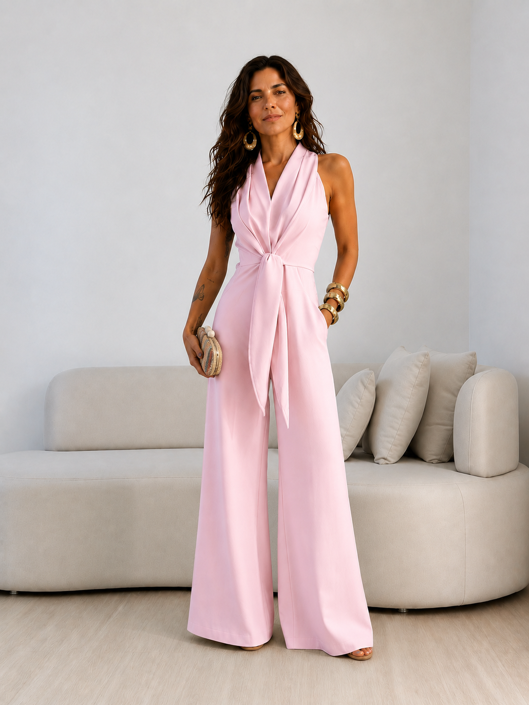 Valentina | Mono Halter con lazo frontal y corte de Pierna Ancha palazzo