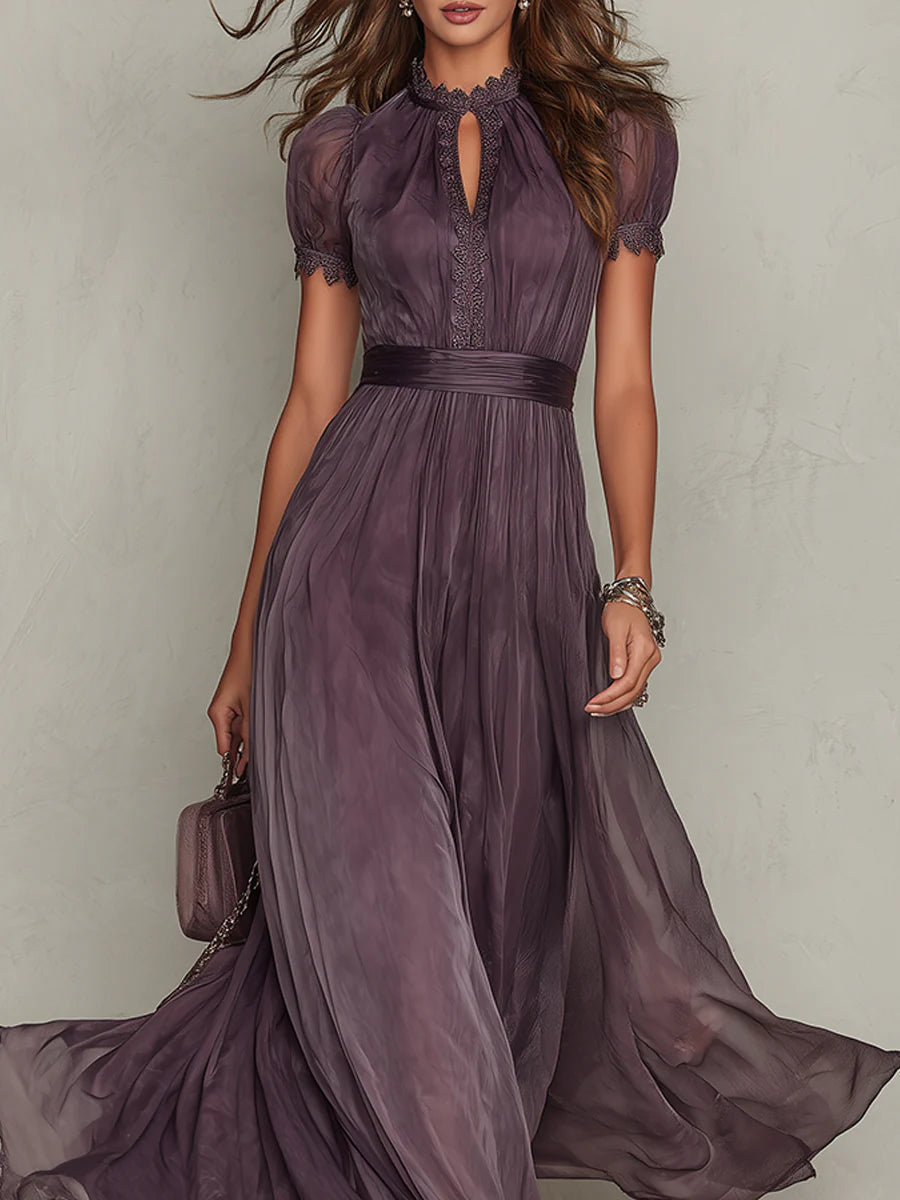 VESTIDO LARGO MORADO CON ESCOTE EN FORMA DE LÁGRIMA
