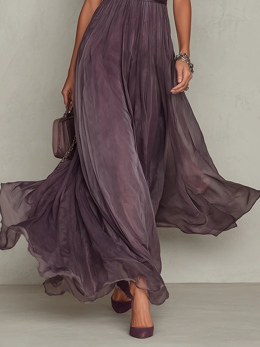 VESTIDO LARGO MORADO CON ESCOTE EN FORMA DE LÁGRIMA