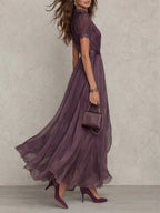 VESTIDO LARGO MORADO CON ESCOTE EN FORMA DE LÁGRIMA
