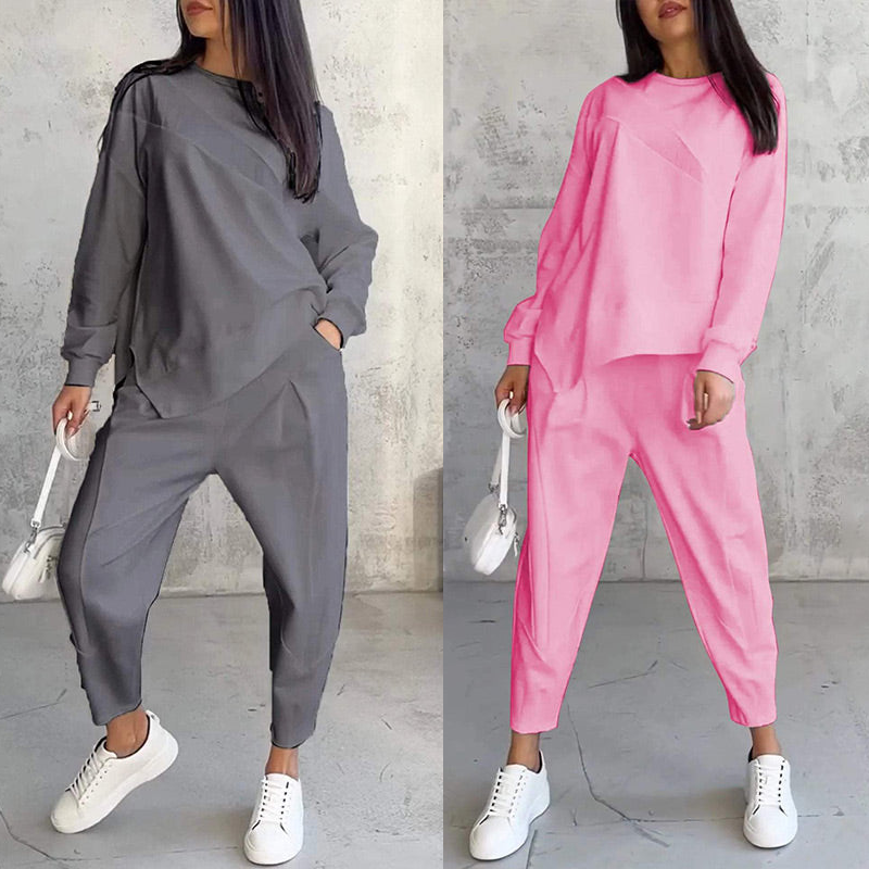 Conjunto de sudadera de manga larga con bajo irregular y pantalones para mujer