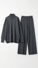 Conjunto de suéter de punto de cuello alto y pantalones vaqueros