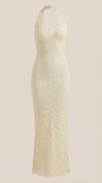 Vestido largo de encaje con escote halter Roxanne