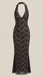 Vestido largo de encaje con escote halter Roxanne